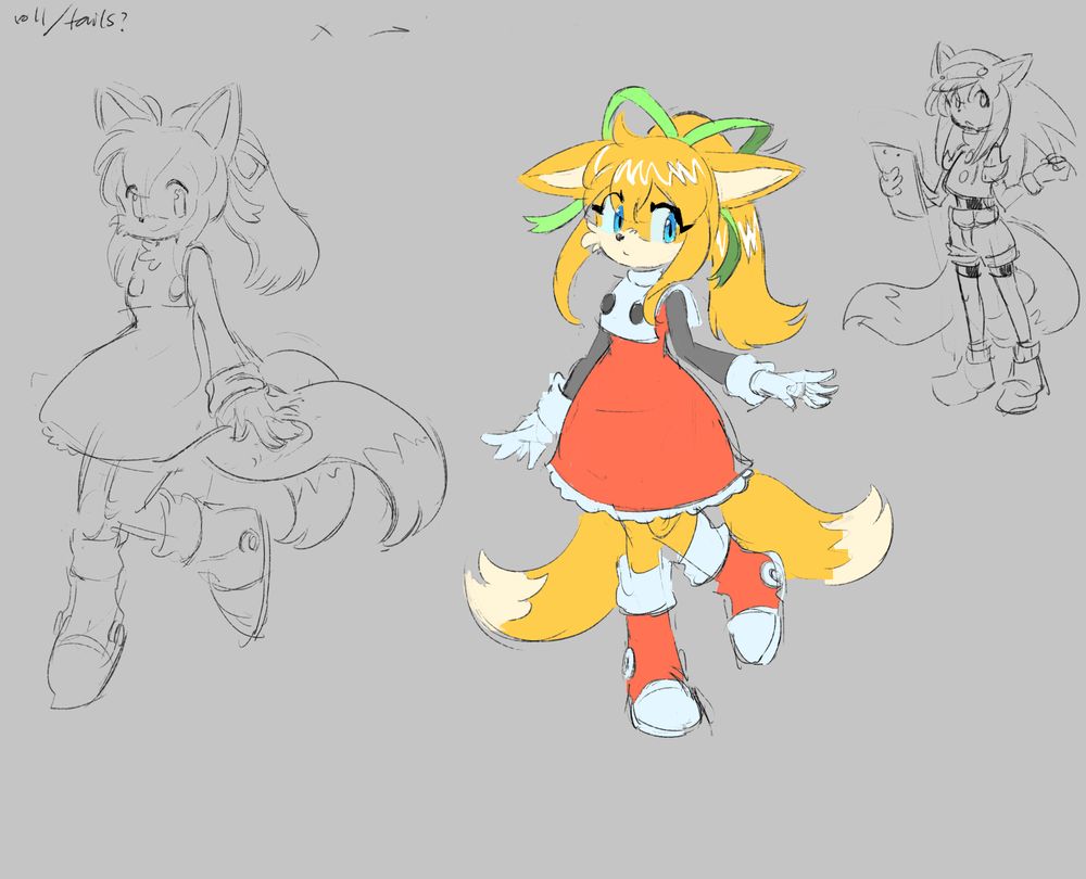 sketch of megaman roll but also tails prower; it's the outfit with the white red bell shaped skirt and big green ribbon and ponytail