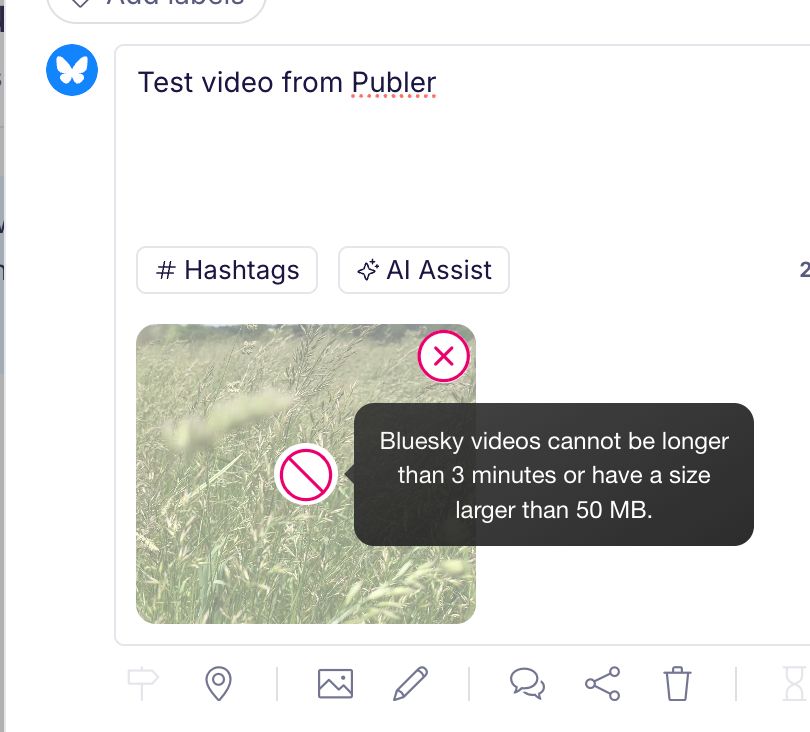 Screen shot of video upload of tall grass video with an error message that says "Bluesky videos cannot be longer than 3 minutes or have a size larger than 50MB."