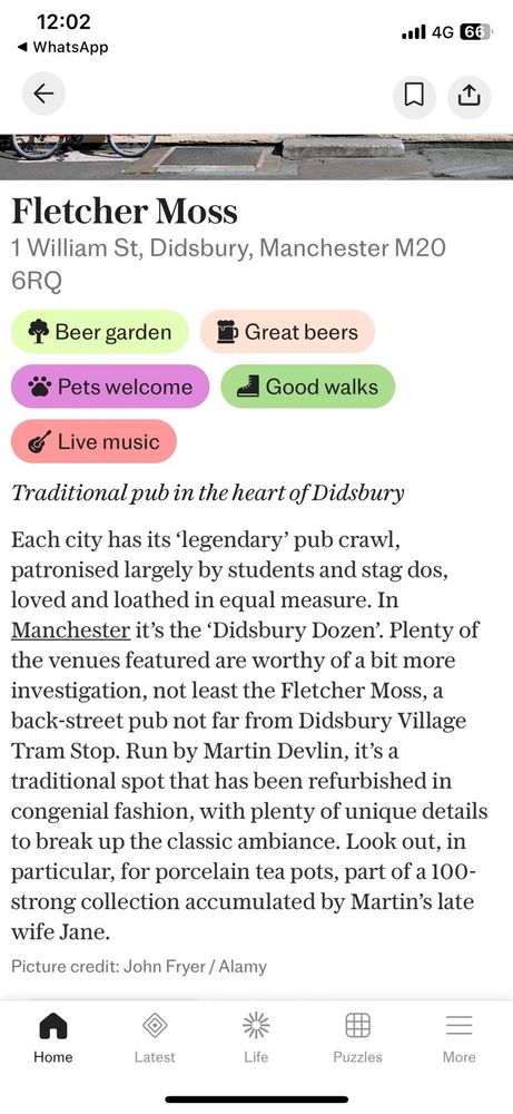 An overview of the Fletcher Moss pub in the 500 best pubs in England, outlining it's location, role in the Didsbury dozen, landlord Martin, and his late wife's teapot collection 
