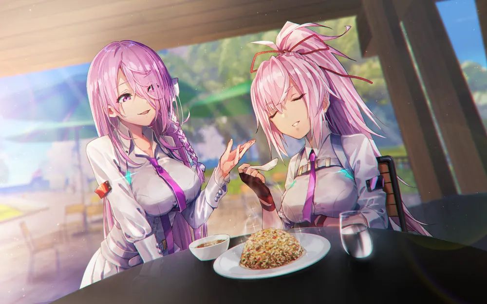 Two anime style girls, both with long pink hair (one girl has it in a ponytail, the other has it loose) and wearing a similar uniform of a white button down shirt, pink tie, and white skirt, are sitting at a table. There is a plate of fried rice, a bowl of soup, and a glass of water in front of the one with her hair in a ponytail, which she is eating. The other girl is watching the girl with the ponytail eat, and is smiling at her. She absolutely has not broken my heart TWICE!