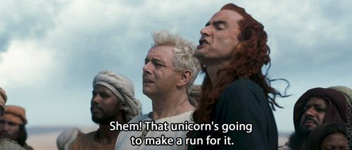 Good Omens explaining that one of Shem's unicorns got away & that's why we don't have them in our local forest where I see lots of wildlife and am humbled every day appreciating nature because our planet is precious and we should do more to protect it and all the creatures among us. 