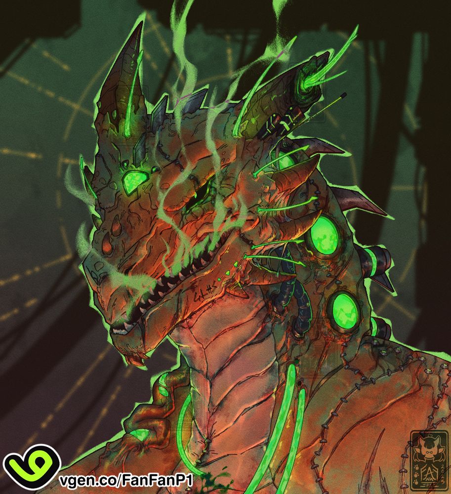 A oxidized copper dragonborne with painful looking body augmentations that's crudely attached with his scared and stapled together body. The metal augment stations are glowing green, some are ports, some are strange whiskers and some are pipes around his form. The copper dragonborne has green smoke coming out from his slightly agape mouth.