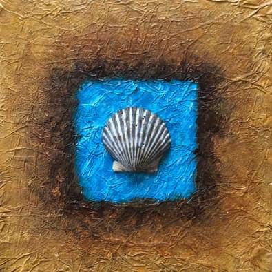 Mixed media painting with scallop shell