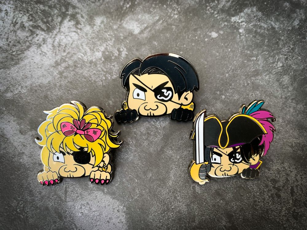 Photo of enamel pins of Majima Goro as a pirate and in Goromi oufit