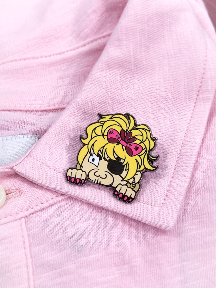 Photo of enamel pins of Majima Goro in Goromi oufit