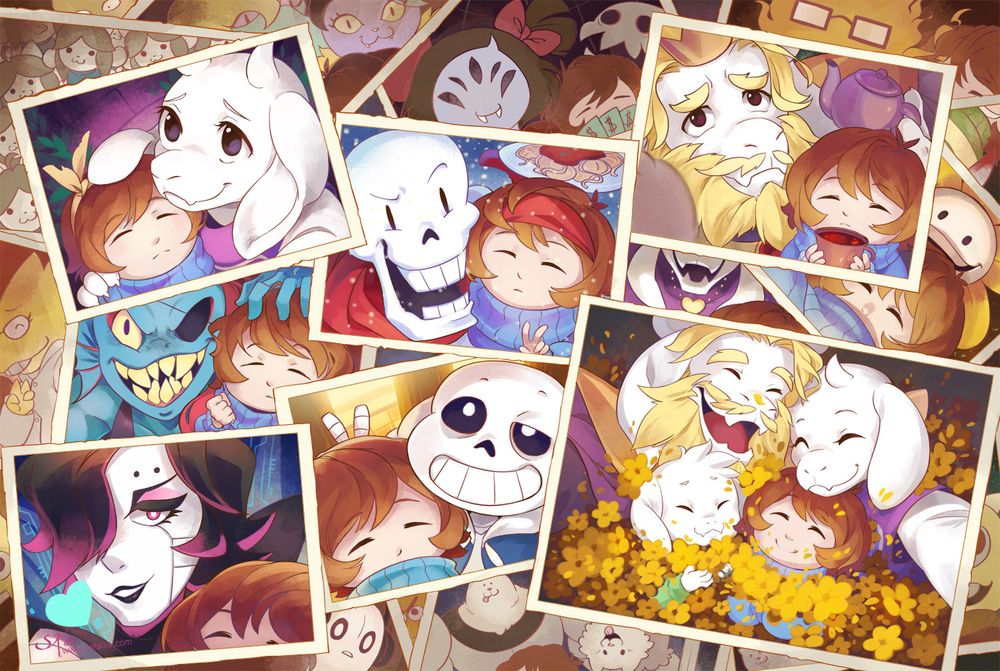 A collection of photos of a small brown haired child, Frisk, with the various "boss fight" characters from the game Undertale. They are various in form with skeletons, robot, fish lady, and goatesque people. Along with many more NPCs in the background partially blocked.