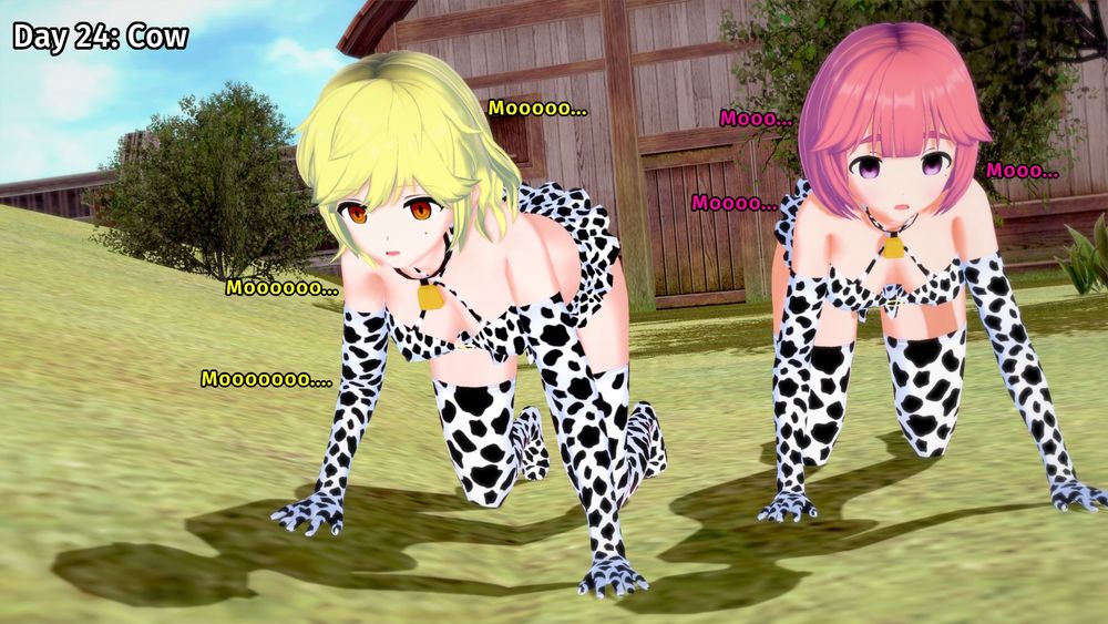 Liz and Julie are deeply hypnotized into believing they're cows. They are in all fours, mooing mindlessly as they were a set of sexy cow themed outfits.