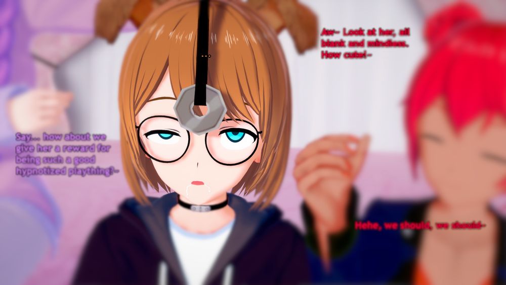 Lizzy's mind is blank, the world around her is just white noise, not even noticing what her two hypnotists are saying... something about giving her a reward?