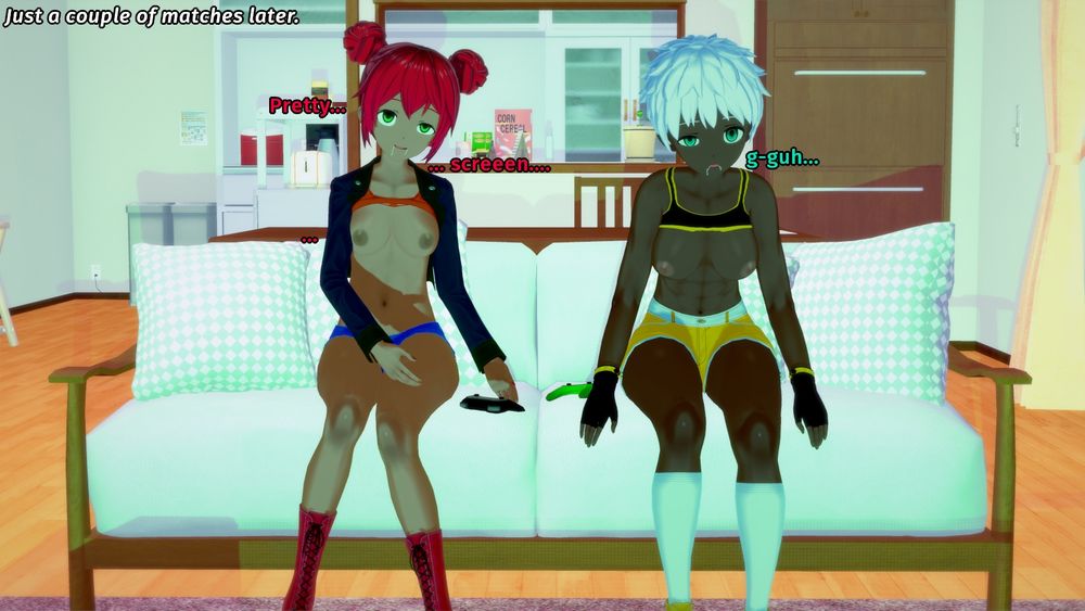 Just a couple of matches later, both  are slumped over on the couch, controllers laid down, the girls drooling and mindlessly staring into a green glowing screen, as their minds slowly but surely become blank. Their tops are also lifted up, showing off their tits without any care in the world.