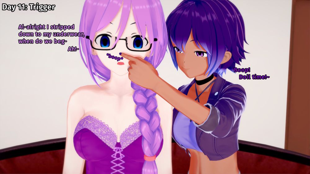 Willow, stripped down to her underwear, asks her trusted hypnotist (and maybe something more) Miss Hypnos when they'll begin with their weekly hypnosis session.
Hypnos interrupts her by "booping" her nose, in order to use one of Willow's triggers.