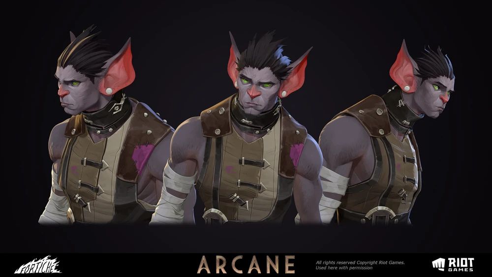 Scar is a Vastaya (Specifically a Chirean), he is a bat-like humanoid, with a well-built physique and a stoic disposition. He has jet black hair, fairly large bat-like ears and a strong jawline. 

This is a three-shot image used as reference matieral for Scar in Arcane.