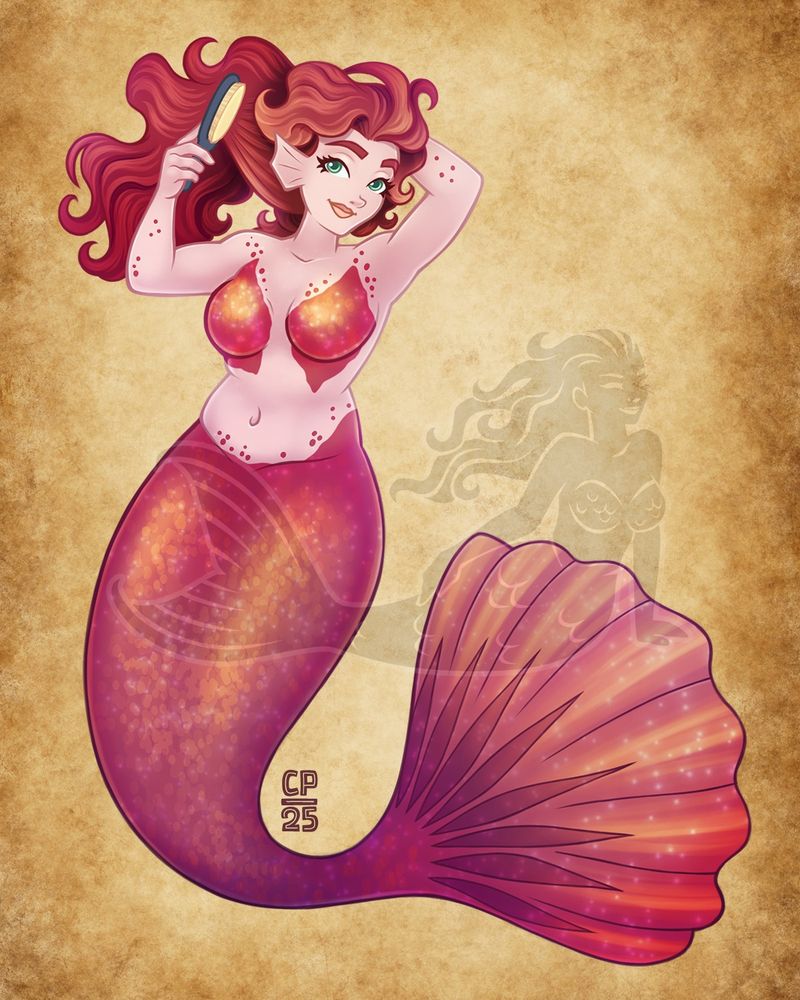 Mermaid with a sparkling sunset-coloured mermaid tail brushes her curly red hair.