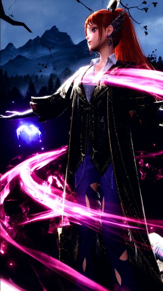 A screenshot from Infinity Nikki, a dress up game. Nikki has red hair tied in a high ponytail and purple earrings that look like mermaid frills. SHe's wearing a black, long robe cape with a purple shirt and purple pants with holes in them. She is swirling with a pinkish/purple magic, like she's casting a spell.