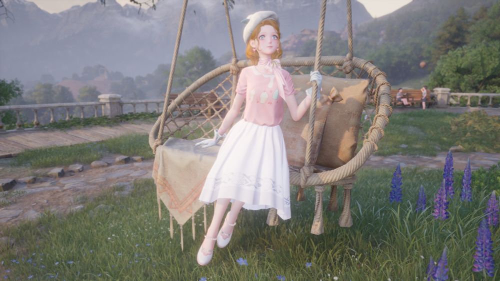 A screenshot from Infinity Nikki, a dress up game. Nikki is wearing a white beret over honey, shoulder cut hair. A pink ribbon around her neck, and a pink shirt with ice-creams on it over a white dress, while wearing white slip on shoes and white gloves. She's sitting on a swinging couch, gazing out.