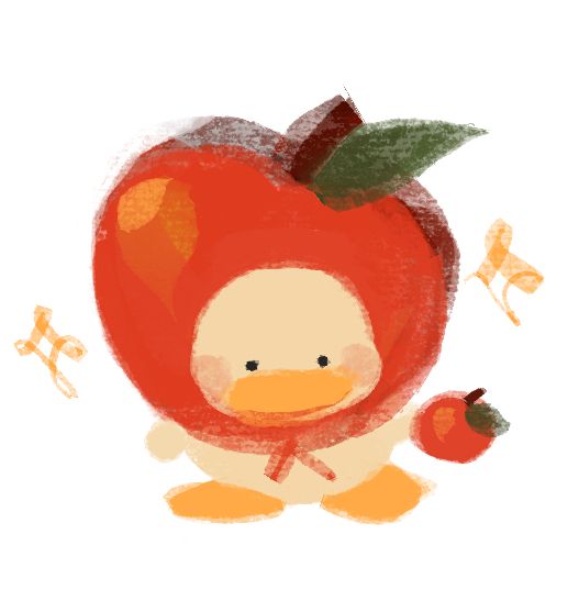 a white duck with yellow beak wearing a red apple hat   holding apple     lots goin on here