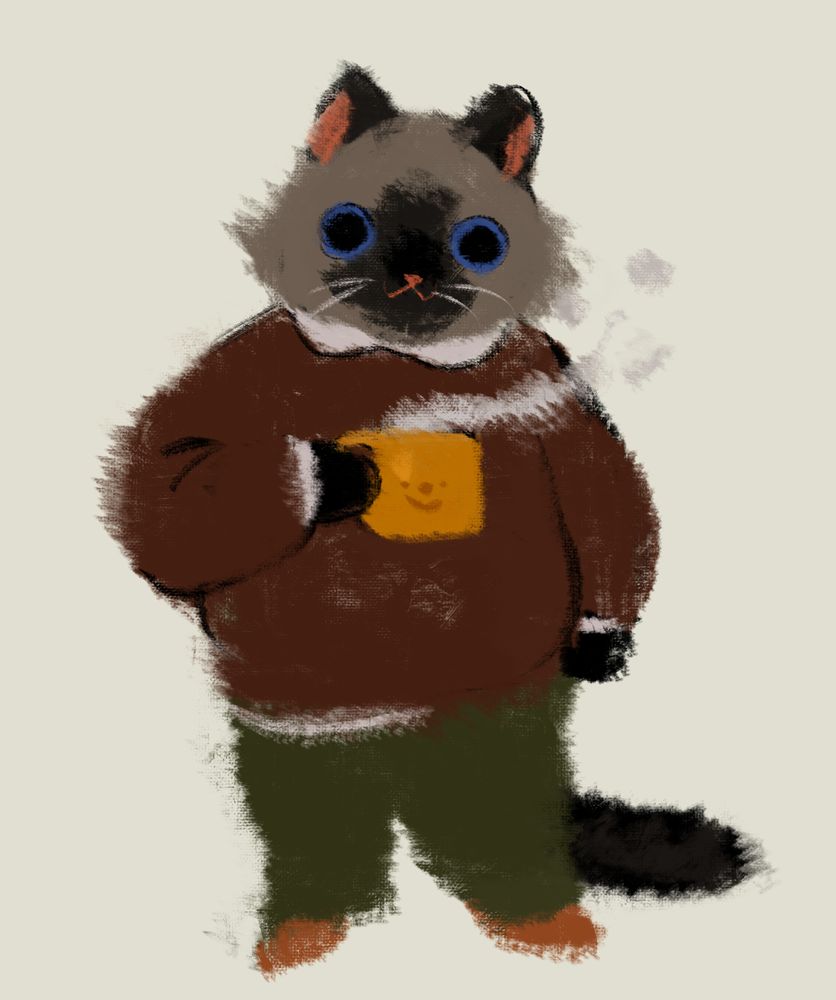 cat with large circle eyes wearing a sweater and pants holding a steaming cup