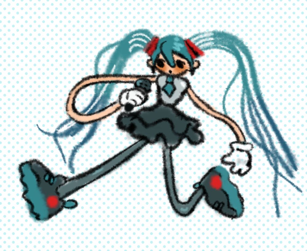 hatsune miku  scribble  but she is done in the style of a betty spaghetty doll (long bendy limbs  ,  noodley hair  , white gloves etc etc)