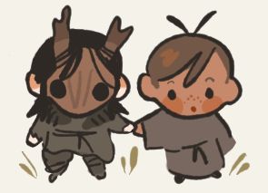 simple small doodle of 2 little figures holding each others hand   one is masked and wearing furs the other is wearing a simple robe