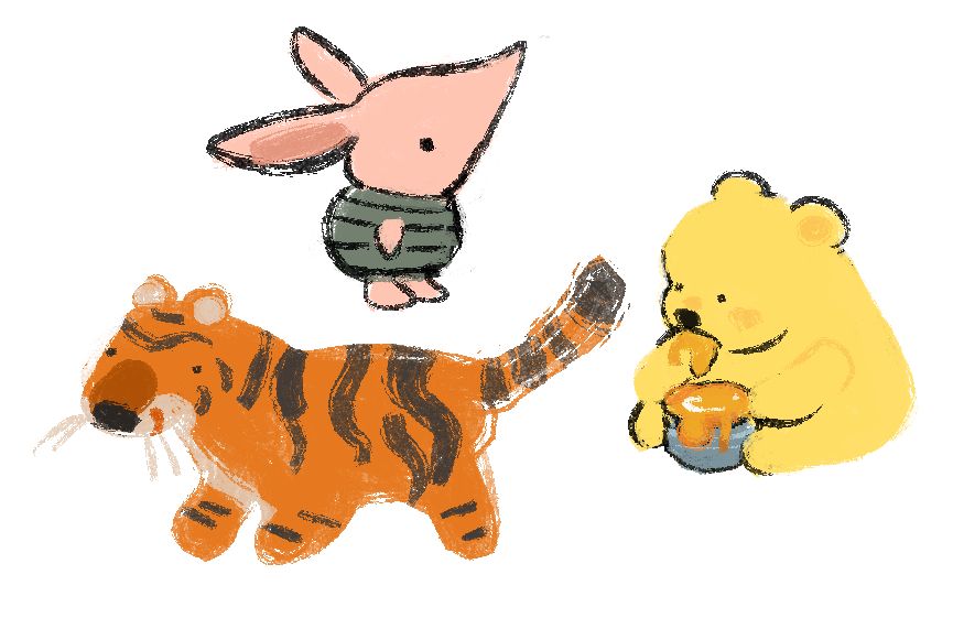 more scribbles of 3 of the beasts  of winnie the pooh fame;  piglet, tigger, pooh   