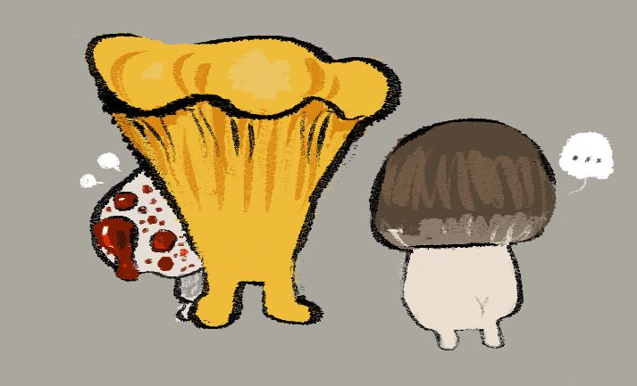 a doodle of 3  walking mushrooms     a small bleeding tooth fungus hiding behind a very large protective orange/yellow chanterelle    a small cremini mushroom seems at a loss 
