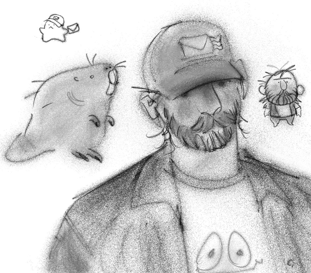 scribbles of my fnv courier Buddy  +++ his molerat 
buddy is wearing a baseball cap with a symbol for the mojave express on it ++ a yes man  t shirt    additional small scribbles of doodle buddy  in a little vest  and  1 of him wearing his hat holdin a letter  vuv
