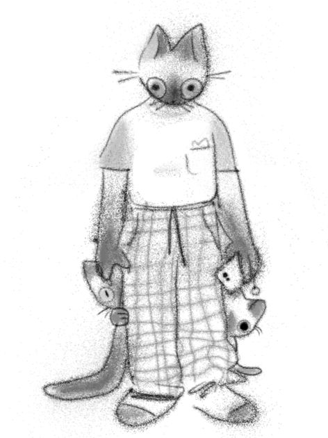 b/w drawing of  just a siamese cat fella standing wearing  tshirt , pj pants  holding a cellphone with charm in one hand    staring in a way that might be interpreted as offputting//standoffish ?     hiding behind his pajama pant legs  you can  see two smaller cats peaking around  to look at the viewer 
