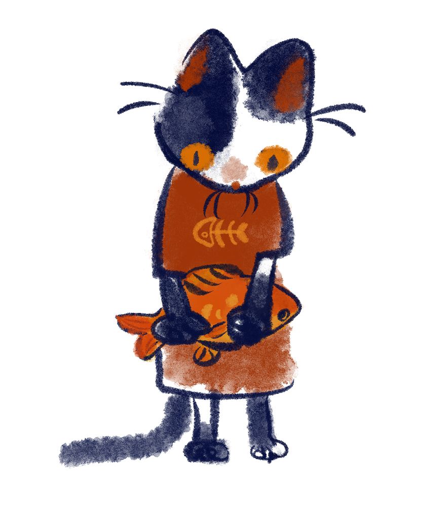 a blue & white splotchy cat wearing an oversized red fish skeleton tshirt holds a large goldfish in their paws