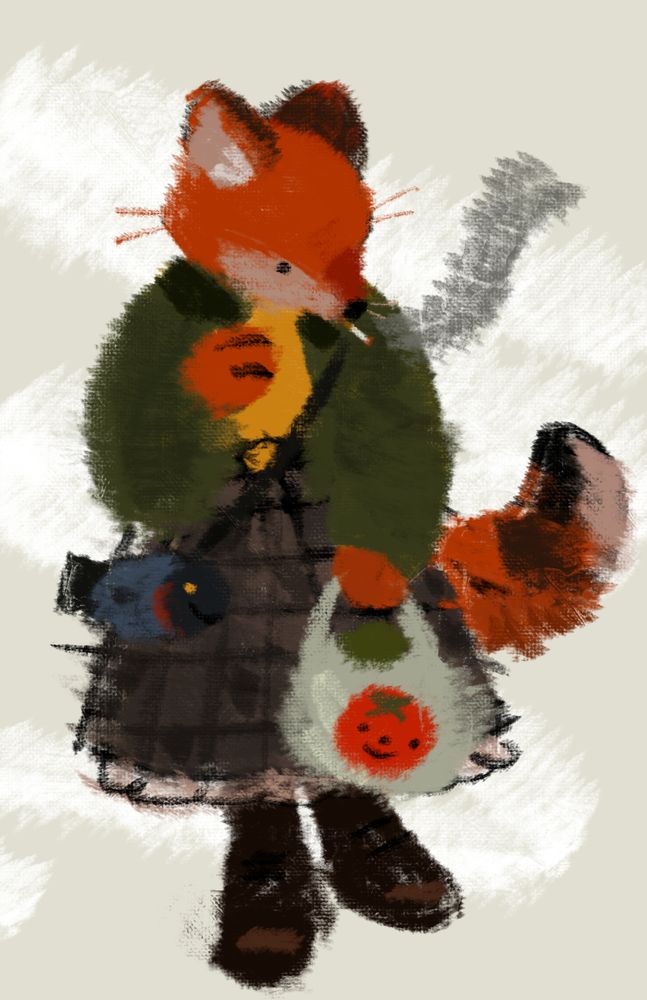 scribble of a fox  wearing a sweater +skirt    holding a grocery bag + smoking a cigarette   