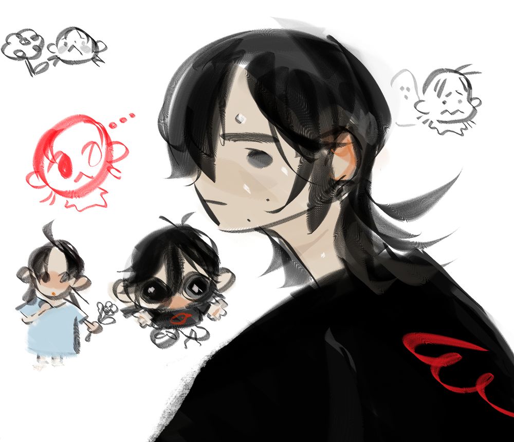 more scribbles of the same pale black haired person in a much more cartoonish style