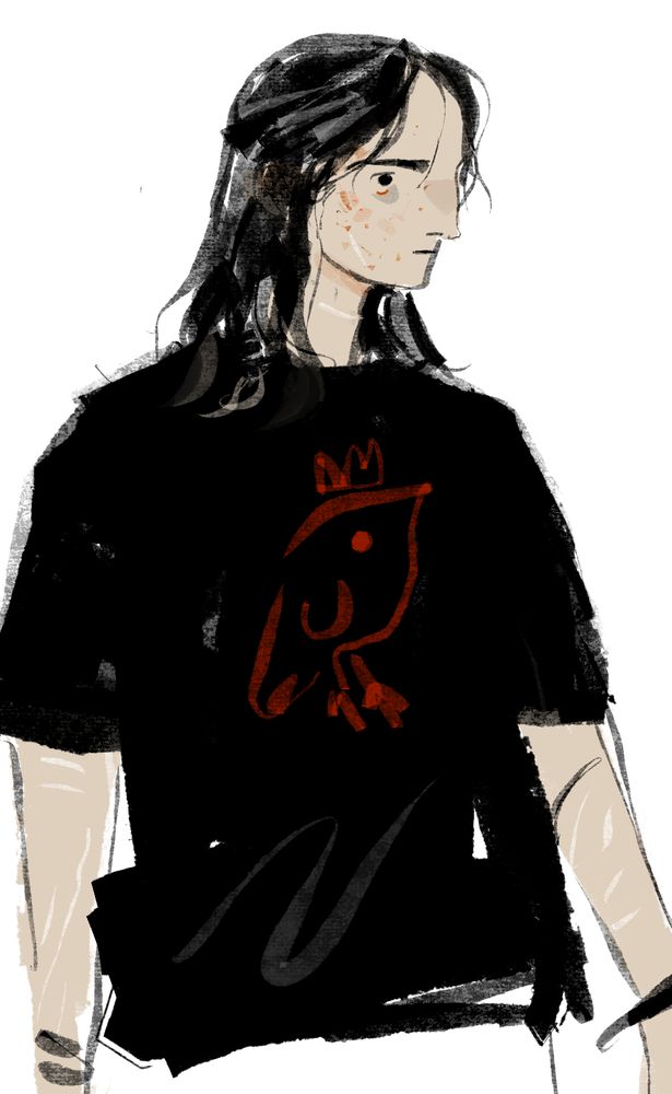 pale person with acne and oily black hair ;; standin-- wearing black t shirt with a bird scribble wearing little crown ;; their arms are decorated with white scars