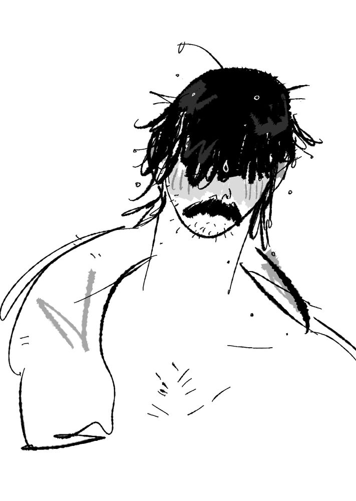 person freshly bathed? has wet dripping hair obscuring their eyes   their face is a little flushed   they have a mustache ++stubble  