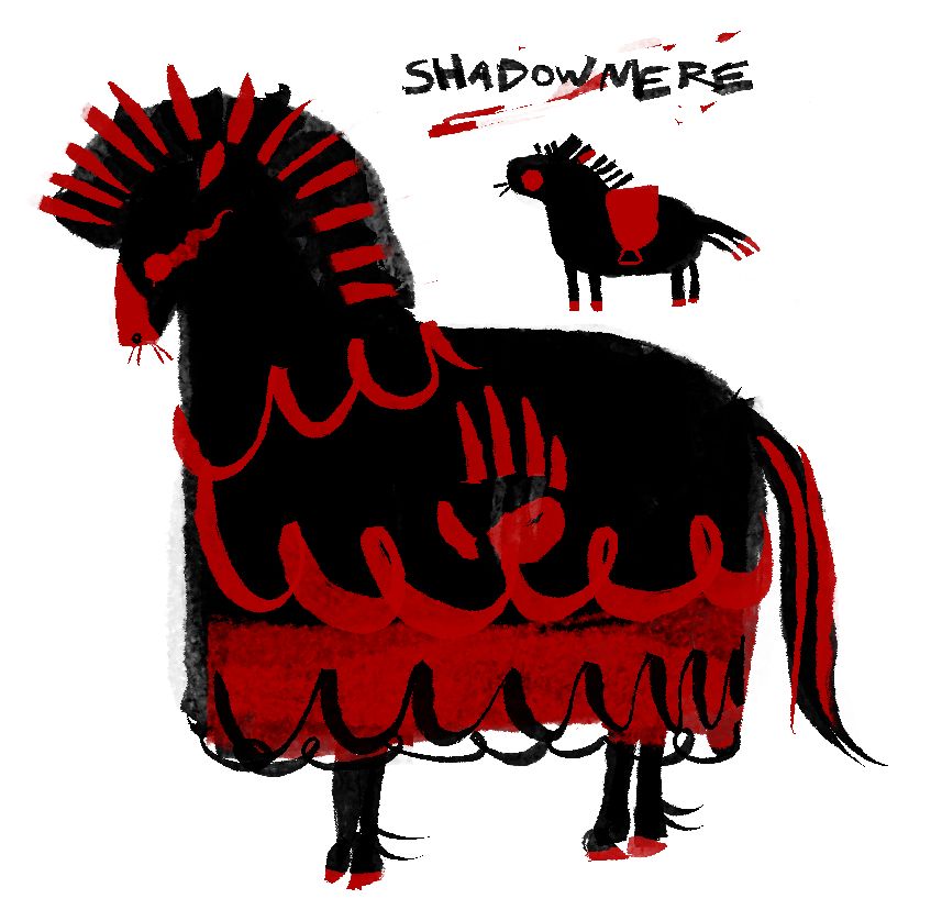 scribbles of black horse with red eyes  ,, shadowmere  from tes