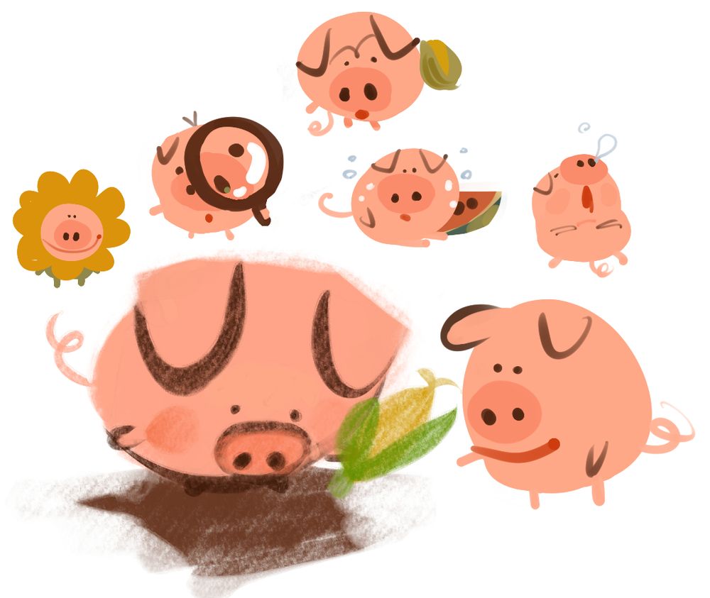 various drawings of a goofy looking cartoon pink pig