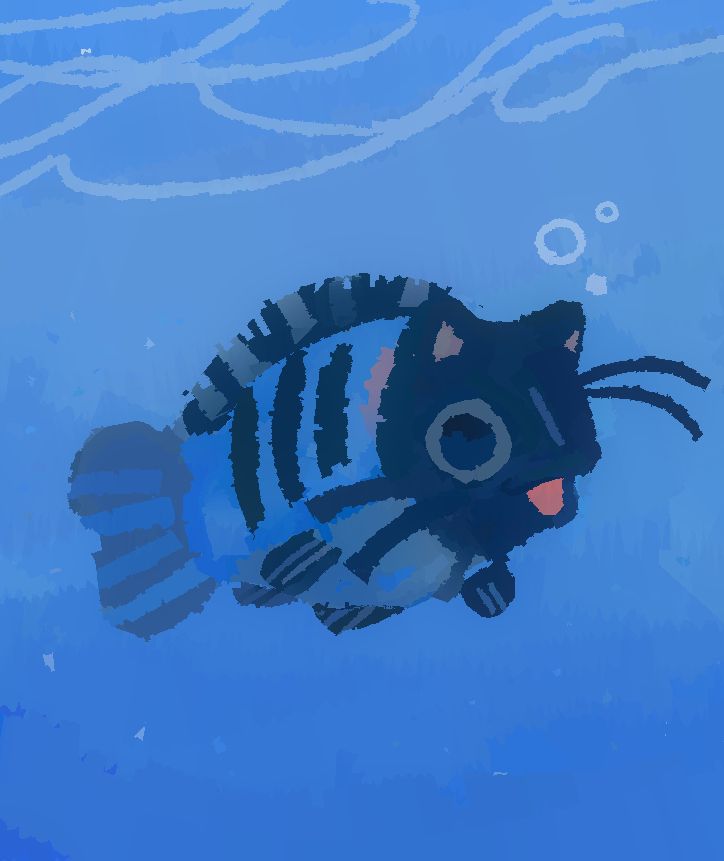 blue fish with a cat head + whiskers
