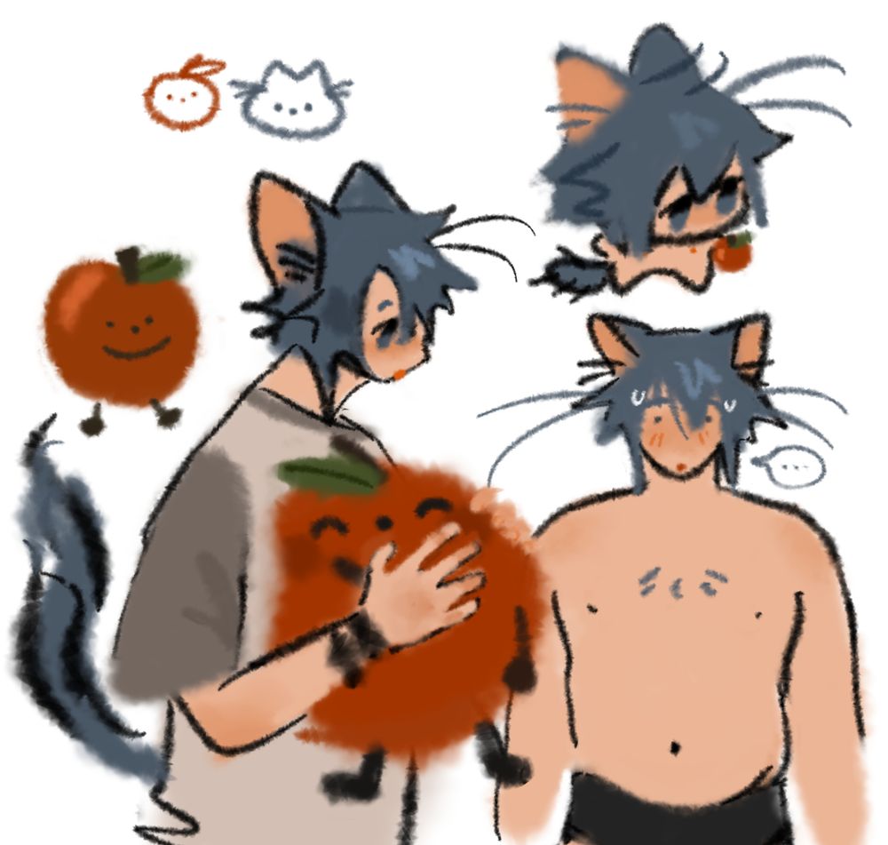 various drawings of my miqo'te wol ;;  holding a big apple plush;  shirtless +++ as a tiny chibi holding an apple   