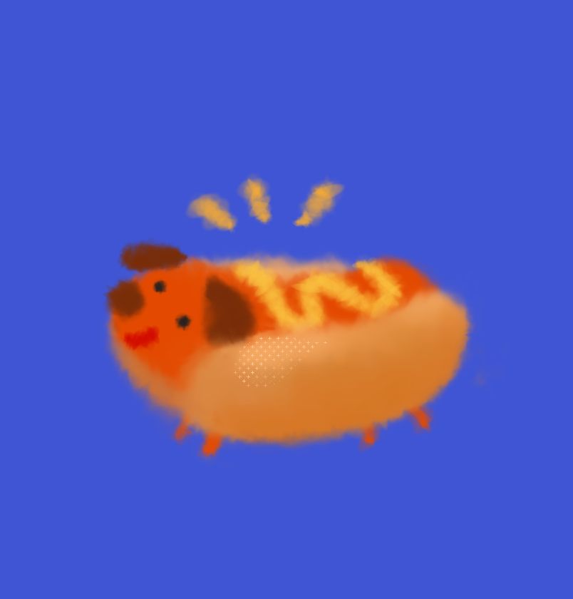 orange hotdog thats also a dog dog with mustard + bun  && little stubby legs + brown ears and nose on a blue background  