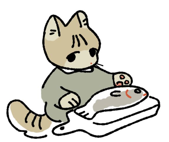 cat wearing a sweater stands before a fish on a cutting board 