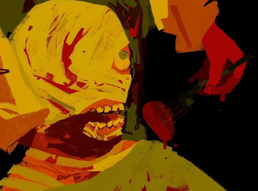 drawing depicting bandaged curly (mouthwashing) with his  mouth propped open and being fed a piece of meat on a fork  by jimmy (also of mouthwashing) 