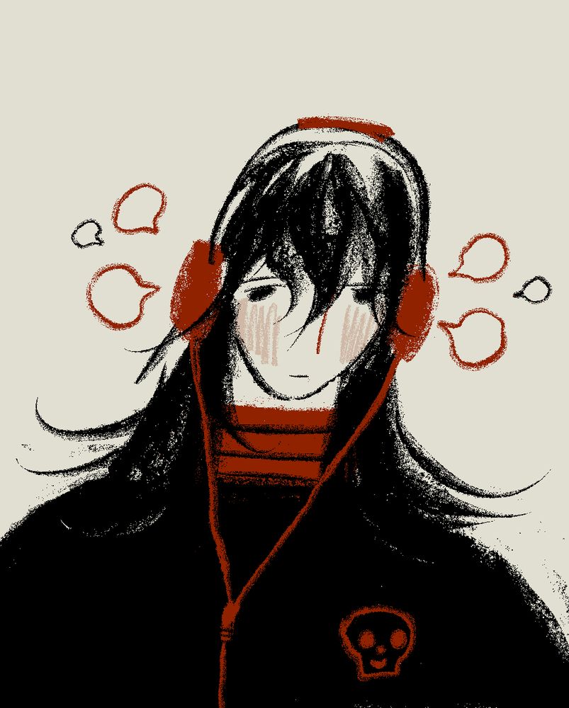 person wearing headphones  they have long black hair 