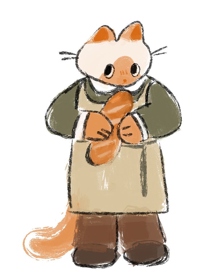 a cat wearing a sweater and apron  holds a loaf of bread