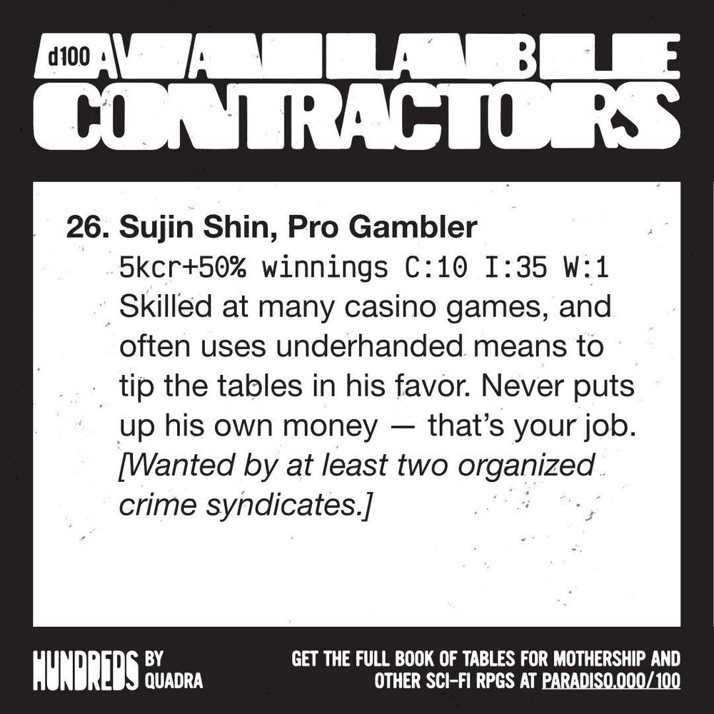 26. Sujin Shin, Pro Gambler
5kcr+50% winnings | C:10 | I:35 | W:1
Skilled at many casino games, and often uses underhanded means to tip the tables in his favor. Never puts up his own money -- that's your job. [Wanted by at least two organized crime syndicates.]