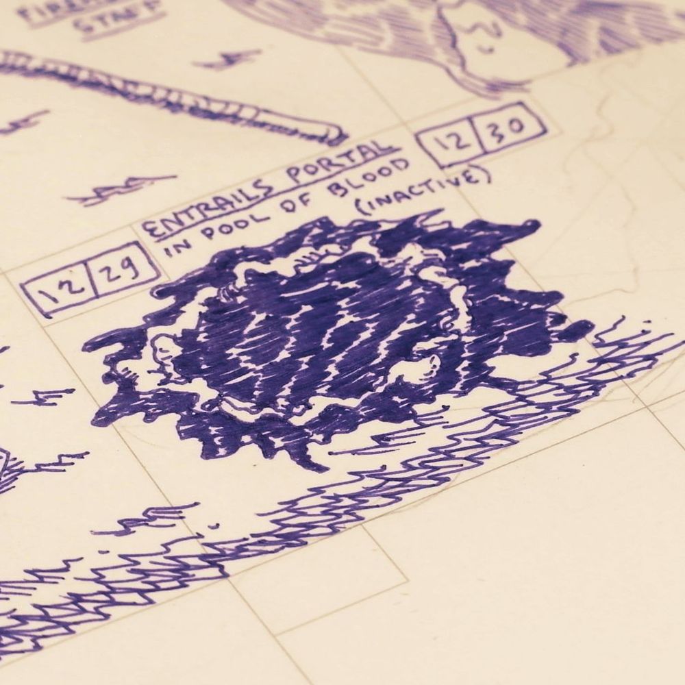 12/29: "Entrails portal in pool of blood (inactive)" drawing of a gory ring of entrails in a pool of blood