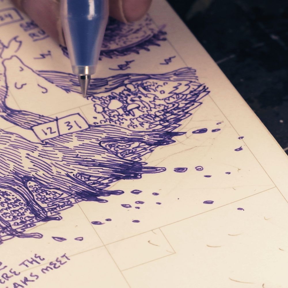 12/31: me drawing a small grove of mushrooms between flowing streams of tears