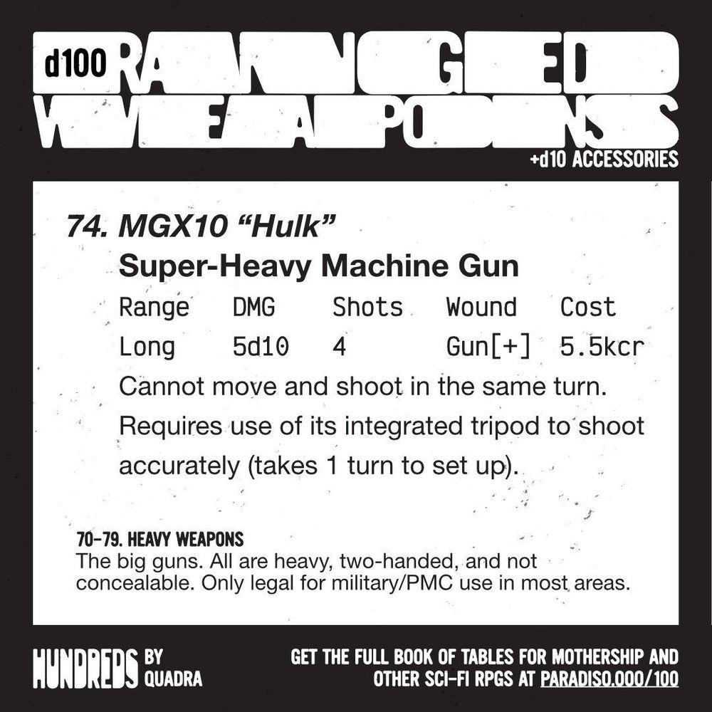 74. MGX10 "Hulk"
Super-Heavy Machine Gun
Range: Long | DMG: 5d10 | Shots: 4 | Wound: Gun[+] | Cost: 5.5kcr
Cannot move and shoot in the same turn. Requires use of its integrated tripod to shoot accurately (takes 1 turn to set up).
(Heavy Weapons 70-79)