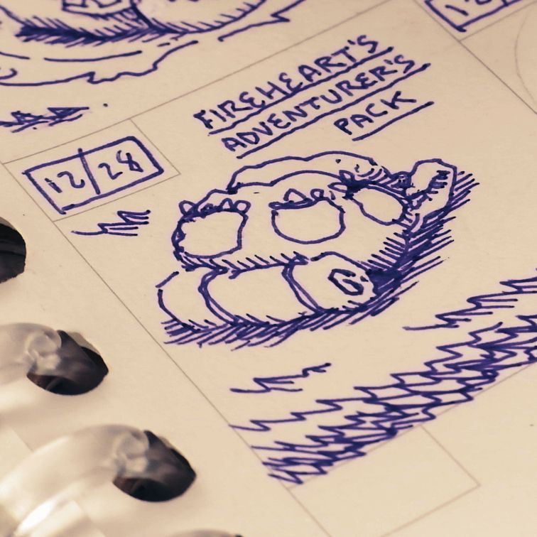 12/28: drawing of a packed backpack with bedroll. Text: "Fireheart's adventurer's pack"
