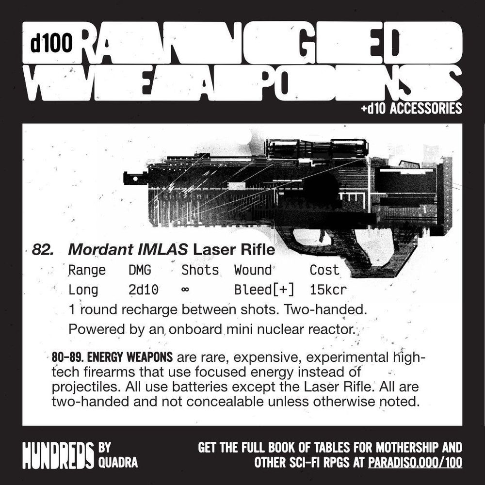 82. Mordant IMLAS Laser Rifle
Range: Long | DMG: 2d10 | Shots: infinite | Wound: Bleed[+] | Cost: 15kcr
1 round recharge between shots. Two-handed. Powered by an onboard mini nuclear reactor.