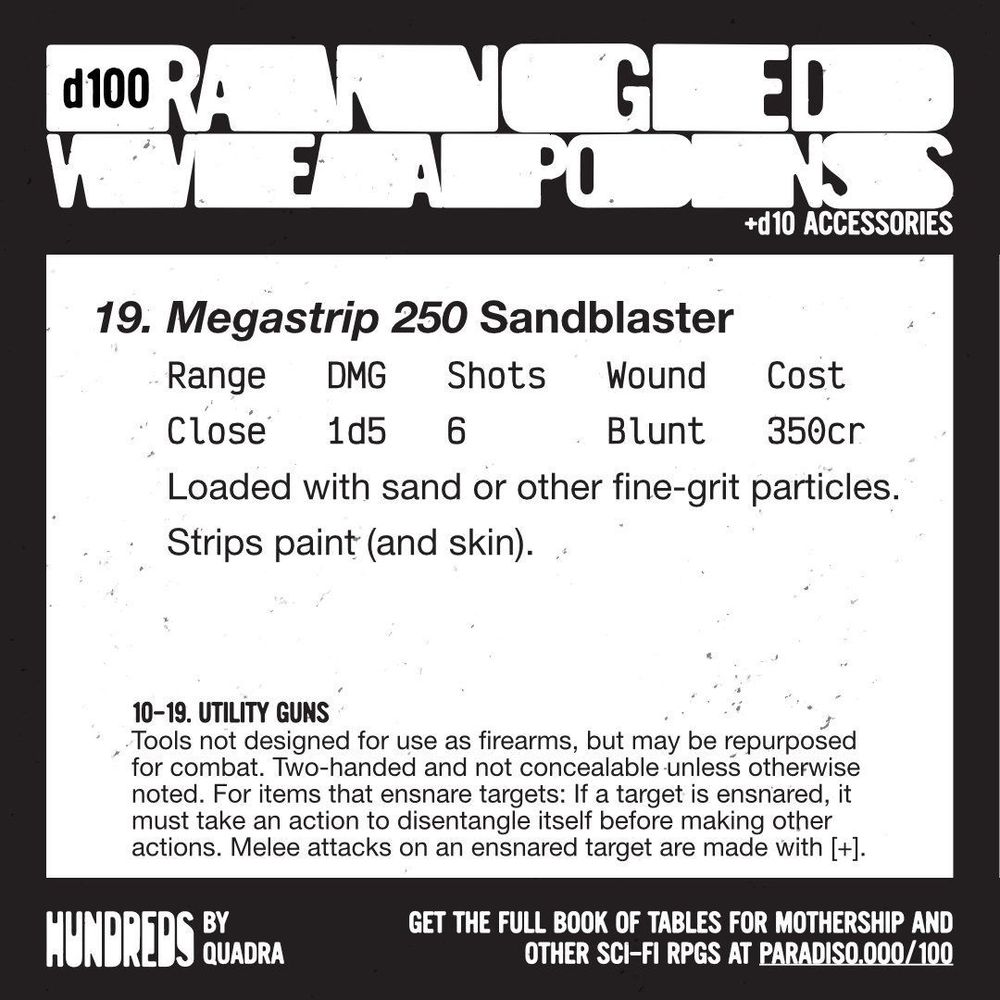 19 Megastrip 250 Sandblaster
Range: Close, DMG: 1d5, Shots: 6, Wound: Blunt, Cost: 350cr
Loaded with sand or other fine-grit particles. Strips paint (and skin).