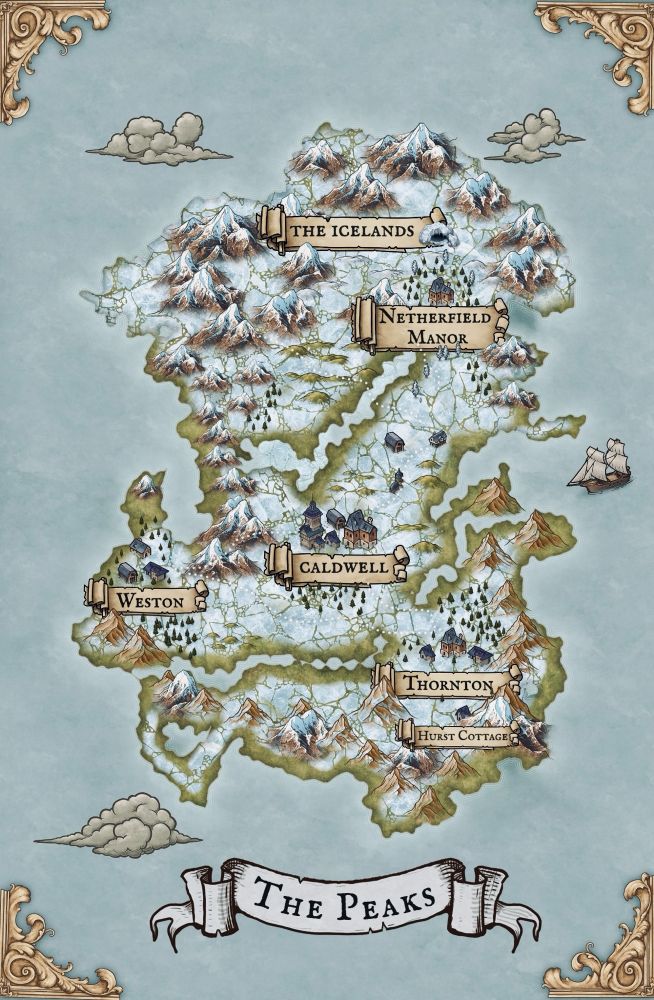 Fantasy map of an invented land called the Peaks for a Jane Eyre retelling 
