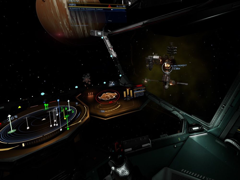 Screenshot from Elite Dangerous game view from ship cockpit with burning station on the left and brown gas giant visible ahead. Various instrument panels show the ship status and other ships on the radar display.
