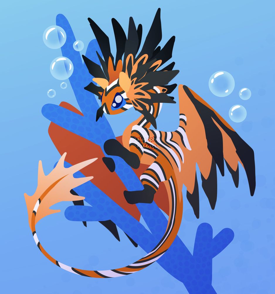 A lineless drawing of a frilly Flight Rising Fae dragon. They are orange with black and white stripes, and their frills and wings resemble lionfish fins. They are perched on a coral branch in a simple underwater scene.